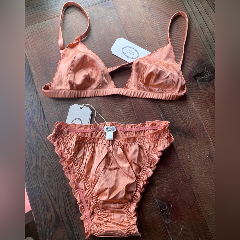 Doen Lucie 100% Silk Triangle Bralette & Bikini Set in Papaya